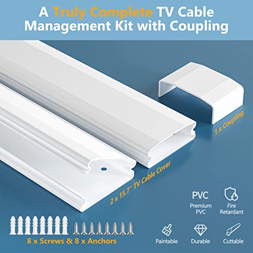 Cord Cover,Yecaye 47In Large Cable Hider for 4 Cords, Wire Cover for TV on  Wall, White 