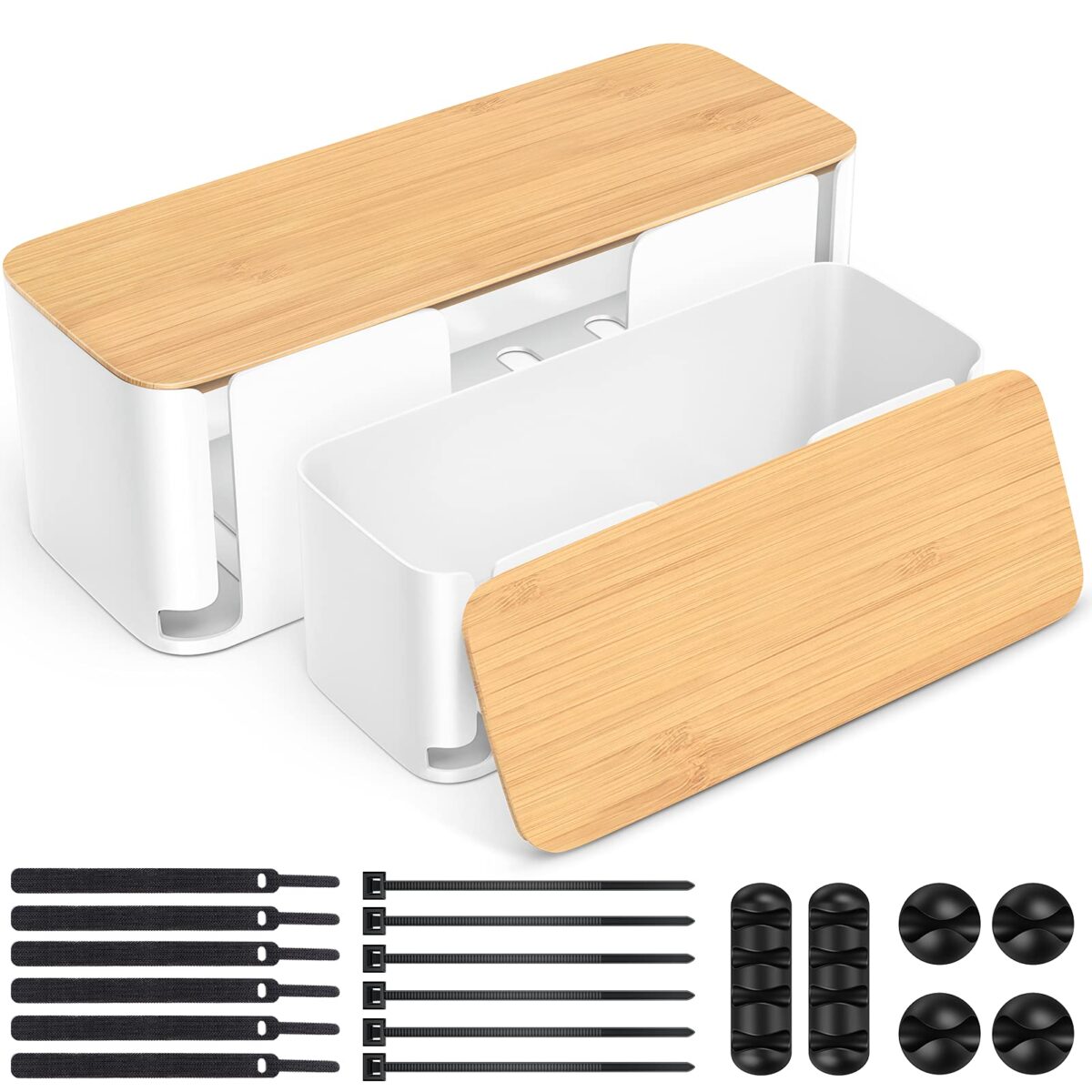 Yecaye Bamboo Lid Cable Organizer Management Box