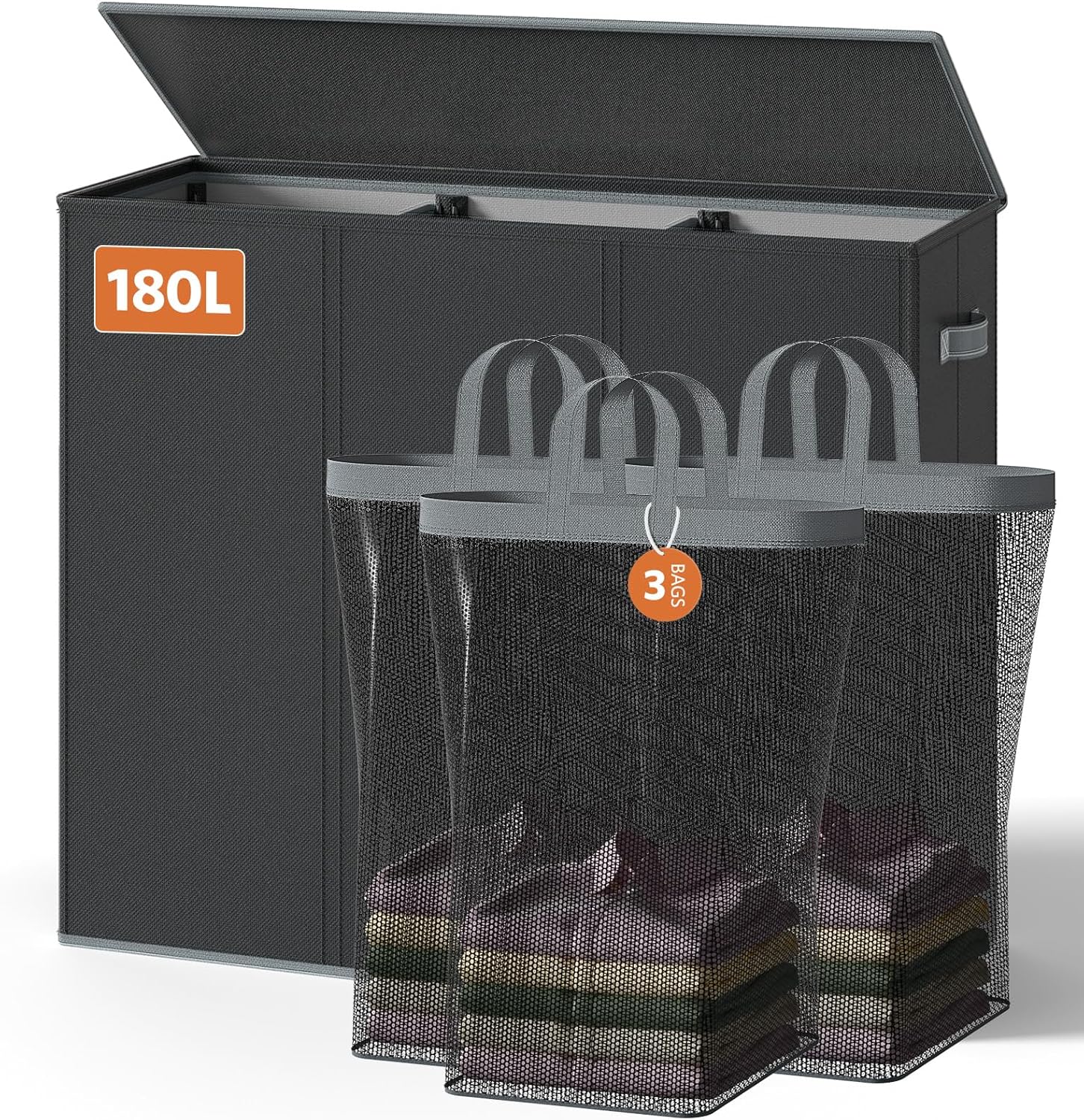 Yecaye 180L Laundry Hamper with Lid 3 Section, Black
