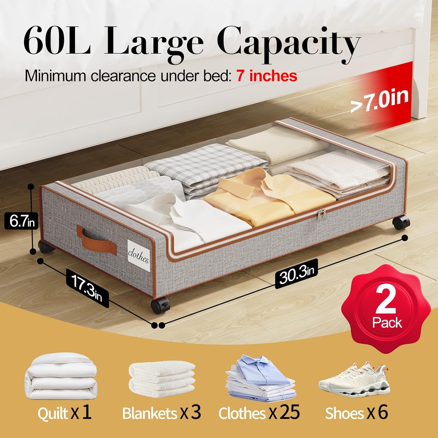 Yecaye 2 Pack 60L Under Bed Storage with Wheels - Image 2