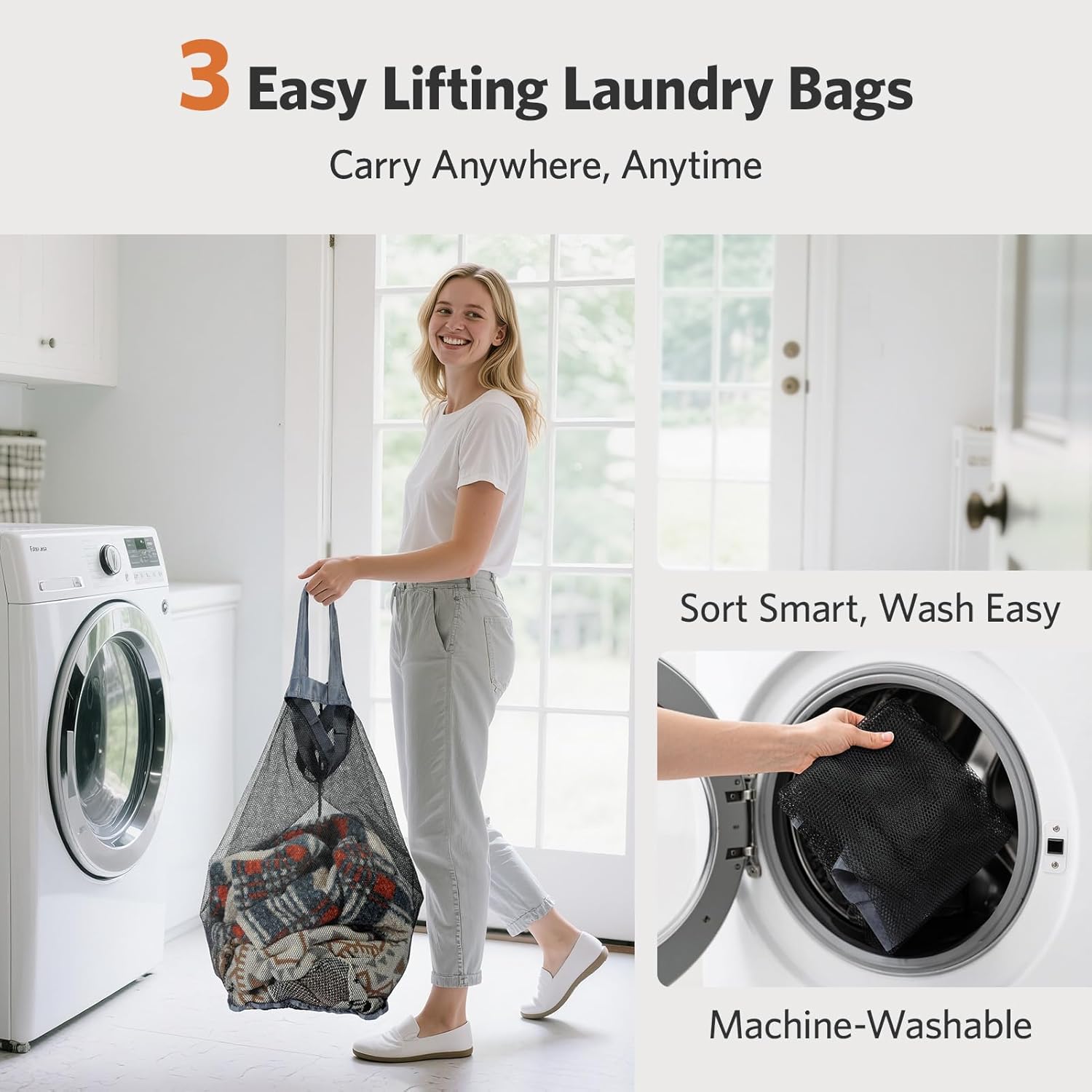 Yecaye 180L Laundry Hamper with Lid 3 Section, Black - Image 3