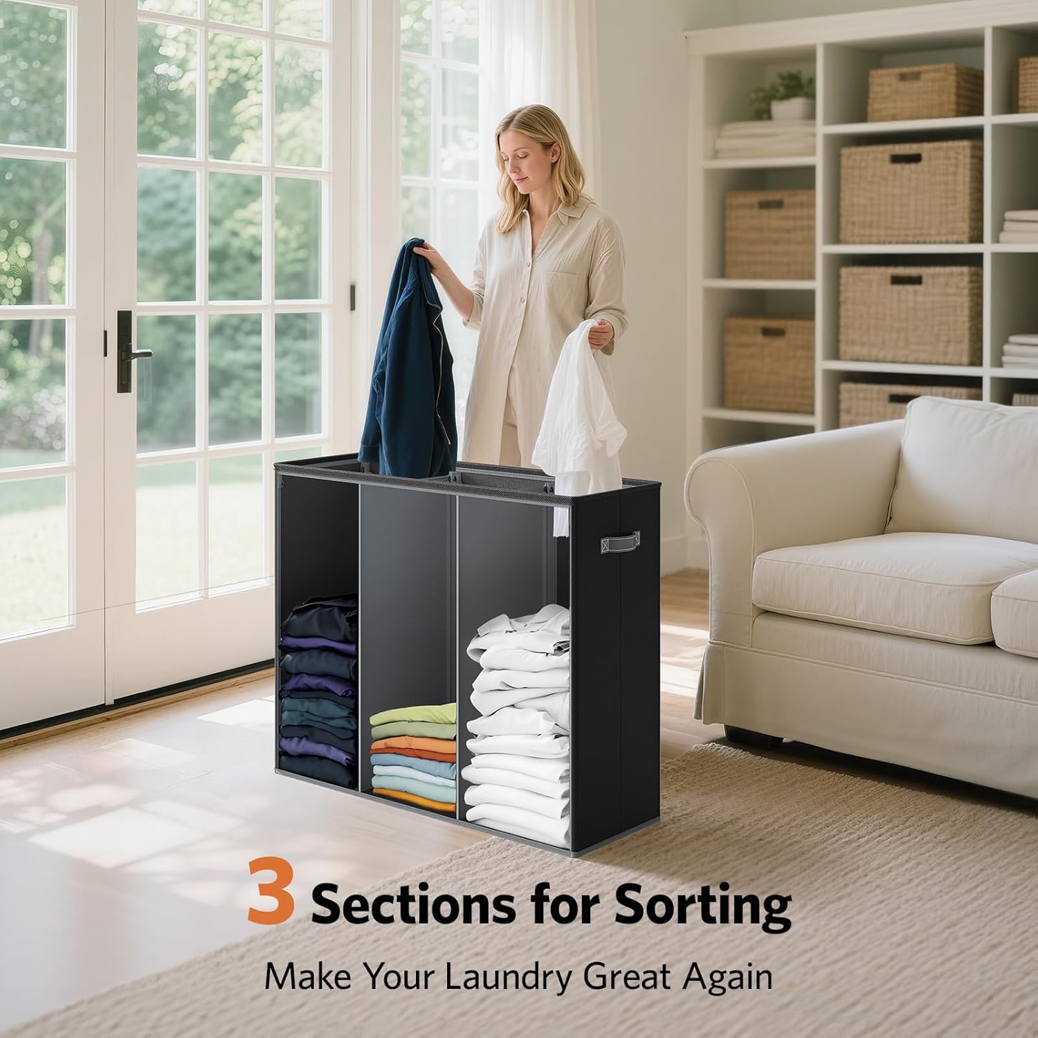 Yecaye 180L Laundry Hamper with Lid 3 Section, Black - Image 2