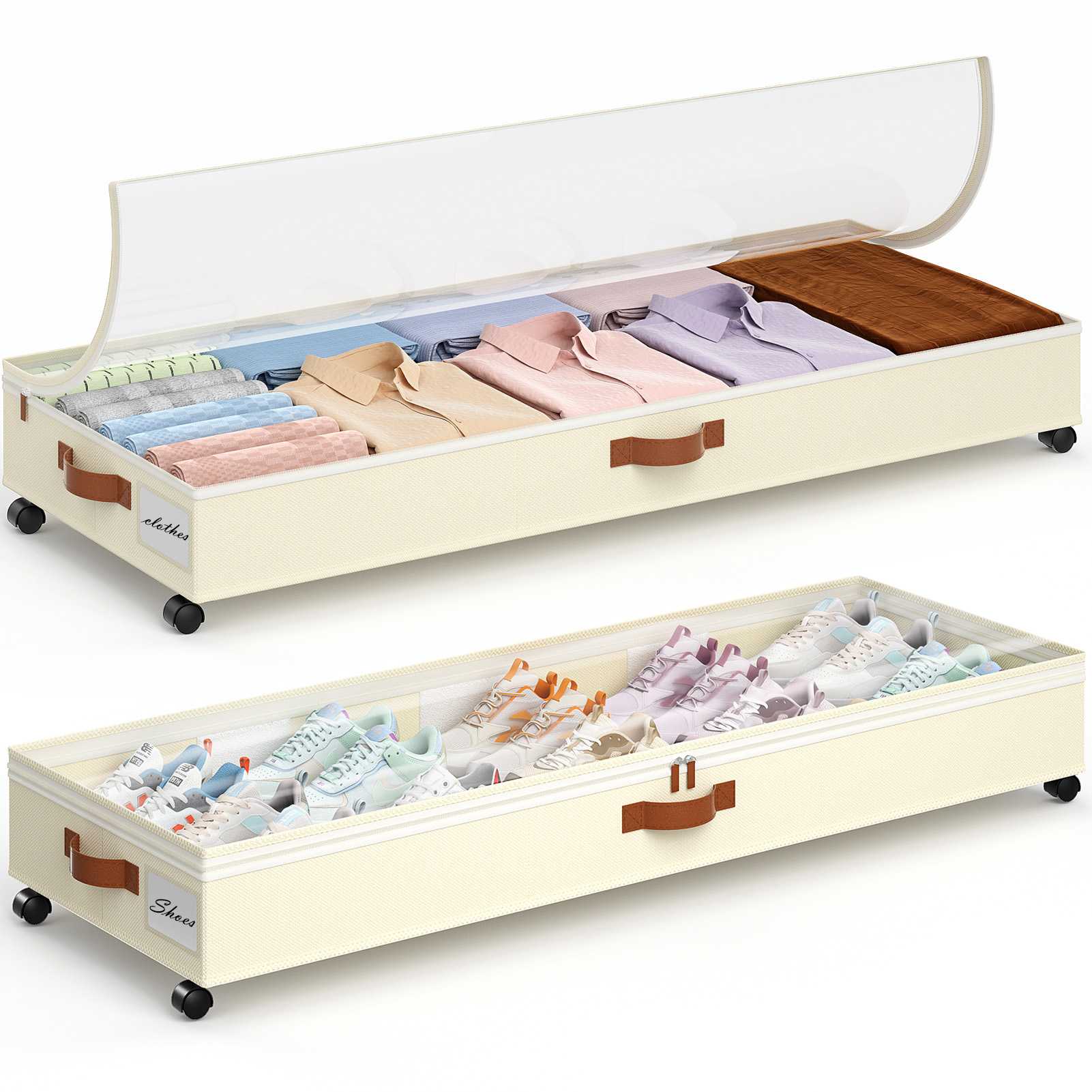 Yecaye 2 Pack 85L Under Bed Storage with Wheels, Beige