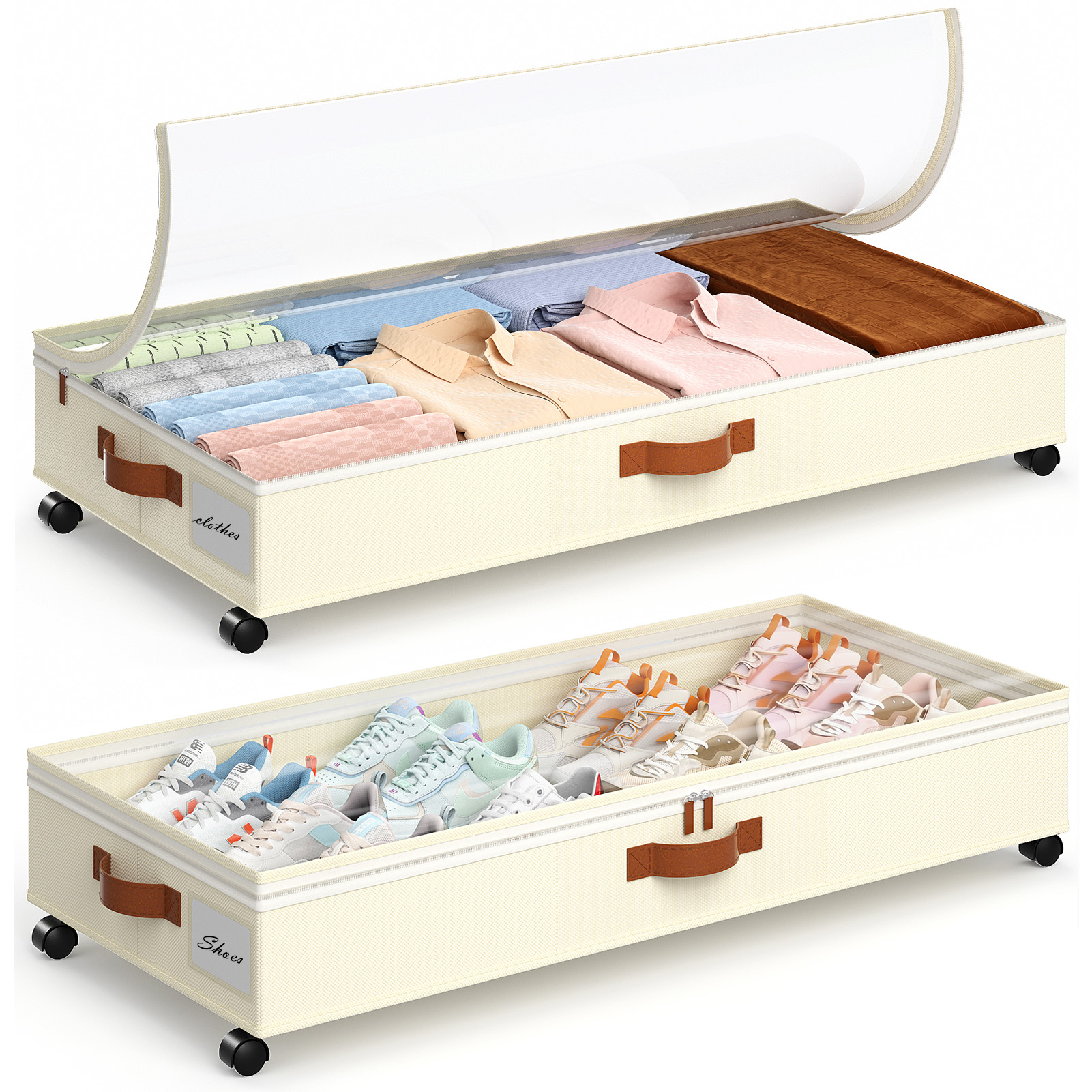 Yecaye 2 Pack 65L Under Bed Storage with Wheels, Beige
