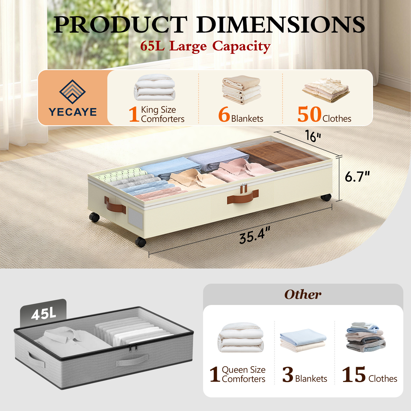 Yecaye 2 Pack 65L Under Bed Storage with Wheels, Beige - Image 2