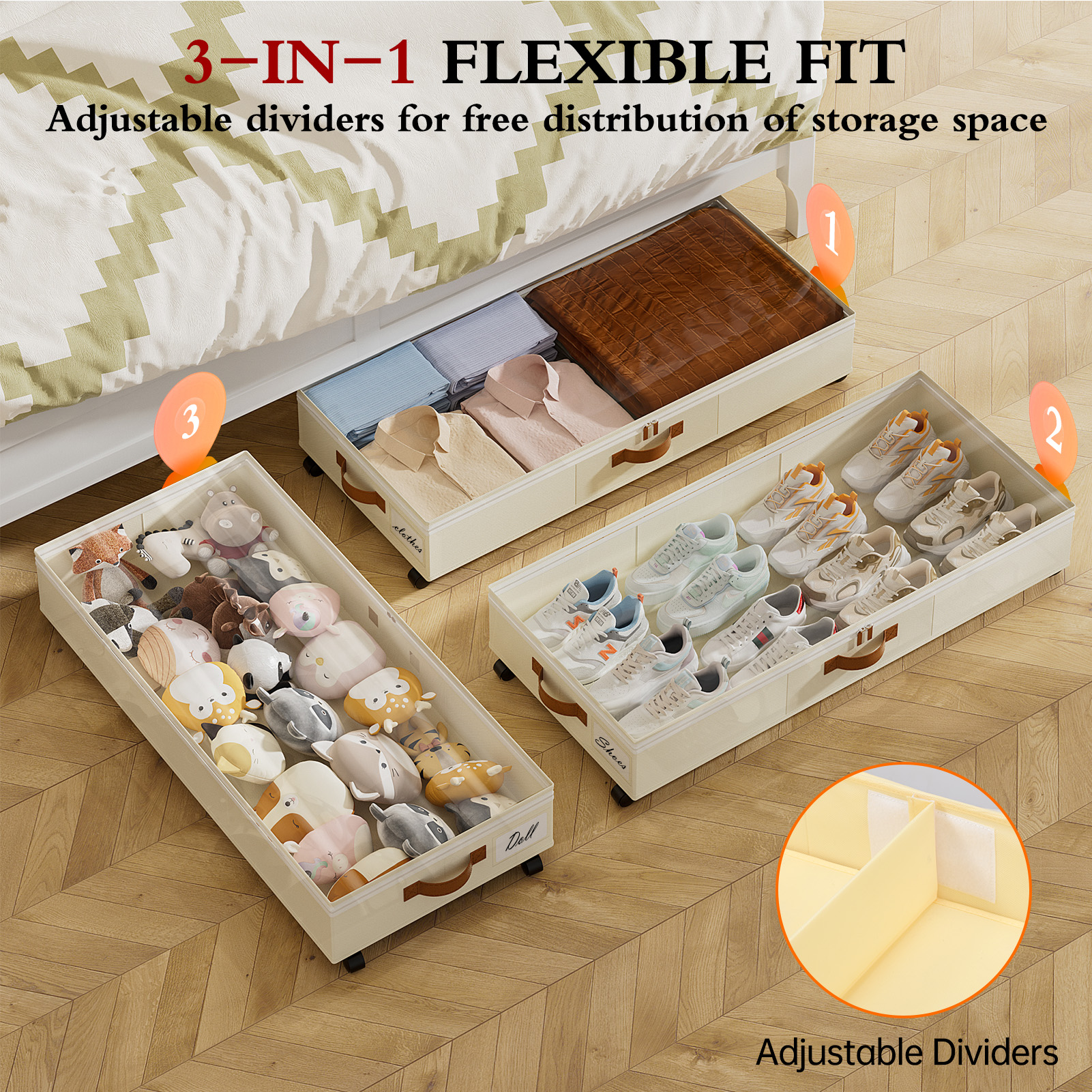 Yecaye 2 Pack 65L Under Bed Storage with Wheels, Beige - Image 3