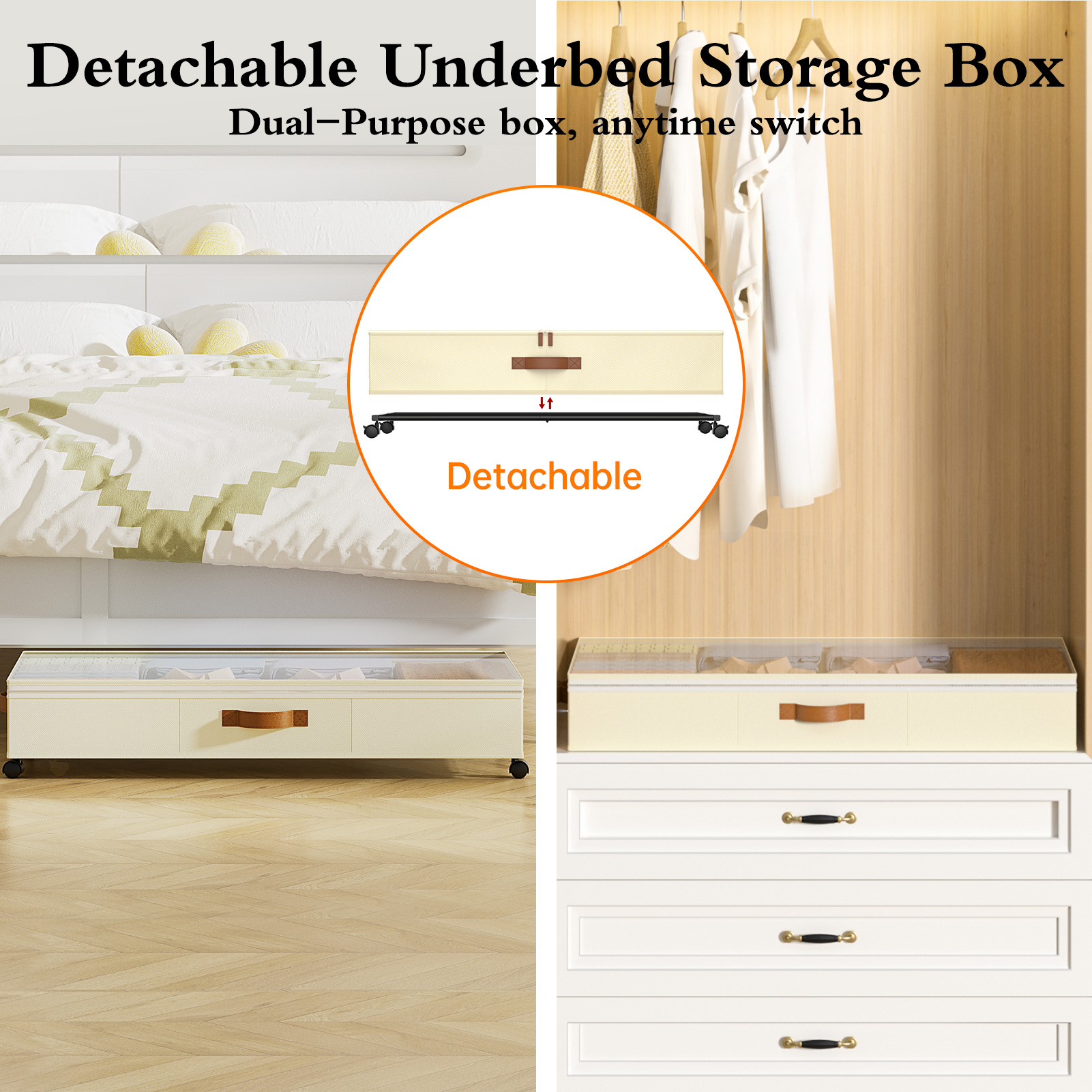 Yecaye 2 Pack 65L Under Bed Storage with Wheels, Beige - Image 4