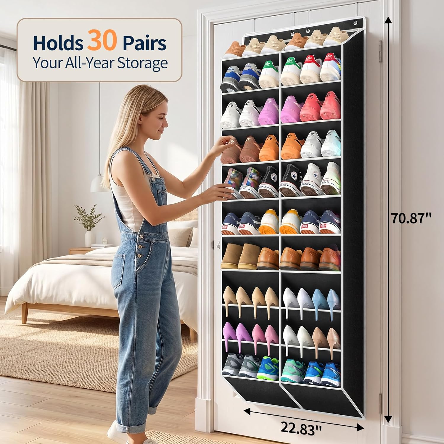 Yecaye 30 Pairs Over the Door Shoe Organizer, Large Capacity Hanging Shoe Rack for Door Hanger with Deep Pockets, Heavy Duty 10 Tier Shoe Holder for Sneakers Boots Heels College Dorm Essentials, Black - Image 2