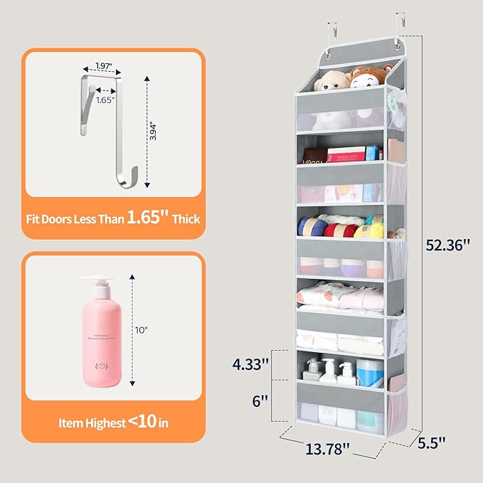 Yecaye Over The Door Organizer Storage, 5-Tier Heavy Duty Door Organizers Hanging with 10 Side Mesh Pockets, 44 lbs Load Capacity Behind Door Storage for Bathroom Nursery Bedroom Dorm Closet,Grey,1Pc - Image 2