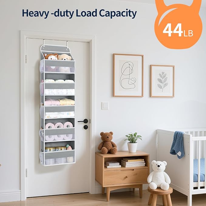 Yecaye Over The Door Organizer Storage, 5-Tier Heavy Duty Door Organizers Hanging with 10 Side Mesh Pockets, 44 lbs Load Capacity Behind Door Storage for Bathroom Nursery Bedroom Dorm Closet,Grey,1Pc - Image 3