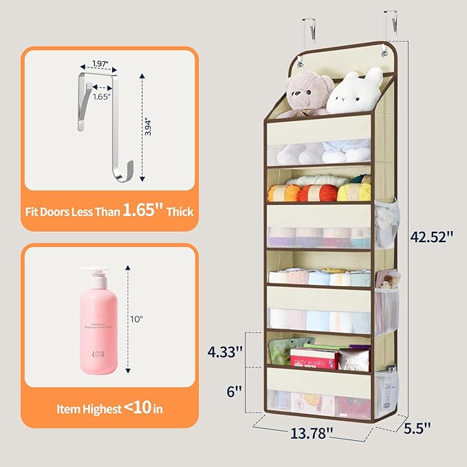 Yecaye Over The Door Organizer, Heavy Duty Hanging Organizers and Storage with 4 Large Capacity Pockets, Swing-Proof Behind The Door Storage for Bathroom Nursery Bedroom Dorm Closet, Beige,1Pc - Image 3