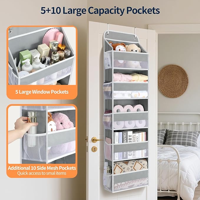 Yecaye Over The Door Organizer Storage, 5-Tier Heavy Duty Door Organizers Hanging with 10 Side Mesh Pockets, 44 lbs Load Capacity Behind Door Storage for Bathroom Nursery Bedroom Dorm Closet,Grey,1Pc - Image 4