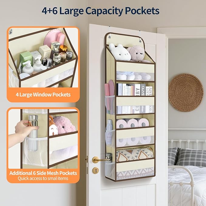Yecaye Over The Door Organizer, Heavy Duty Hanging Organizers and Storage with 4 Large Capacity Pockets, Swing-Proof Behind The Door Storage for Bathroom Nursery Bedroom Dorm Closet, Beige,1Pc - Image 4