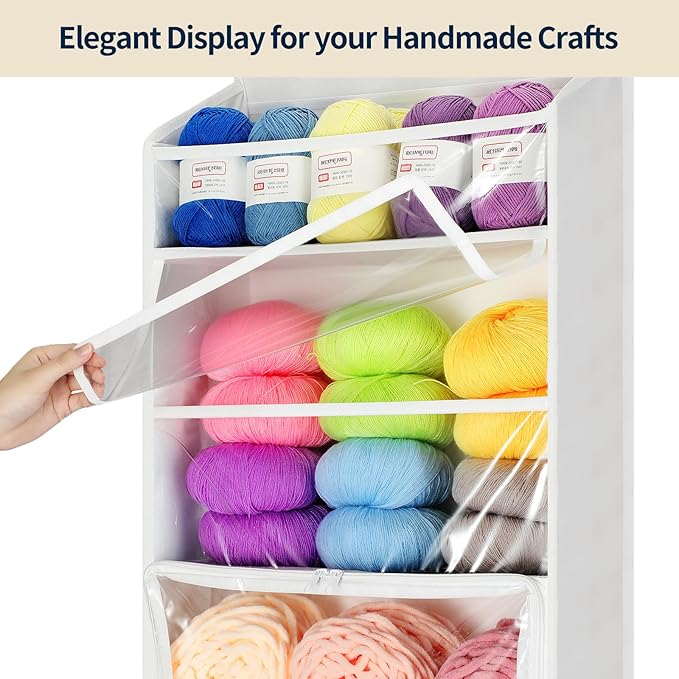 Yecaye Hanging Yarn Storage Organizer with 6 Zippered Closure Compartments, Heavy Duty Stuffed Animal Storage with Clear PVC, Dustproof Yarn Holder for Crocheting Storage, Pearl White 6 Tier - Image 4