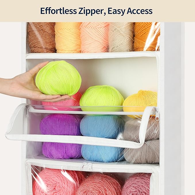 Yecaye Hanging Yarn Storage Organizer with 6 Zippered Closure Compartments, Heavy Duty Stuffed Animal Storage with Clear PVC, Dustproof Yarn Holder for Crocheting Storage, Pearl White 6 Tier - Image 3