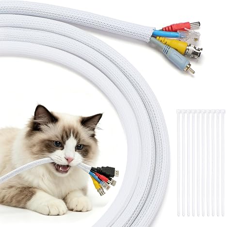 Yecaye 30ft - 1/2 inch Cord Protector Cable Sleeve, Split Braided Wire Loom Tubing for TV Computer USB Cable Power Cord, Cable Management Cord Protectors from Pets no Chew, White (with 10 Zipties)