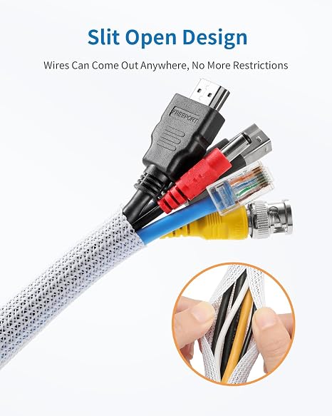 Yecaye 30ft - 1/2 inch Cord Protector Cable Sleeve, Split Braided Wire Loom Tubing for TV Computer USB Cable Power Cord, Cable Management Cord Protectors from Pets no Chew, White (with 10 Zipties) - Image 2