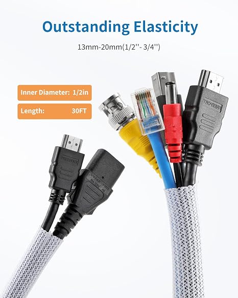 Yecaye 30ft - 1/2 inch Cord Protector Cable Sleeve, Split Braided Wire Loom Tubing for TV Computer USB Cable Power Cord, Cable Management Cord Protectors from Pets no Chew, White (with 10 Zipties) - Image 3
