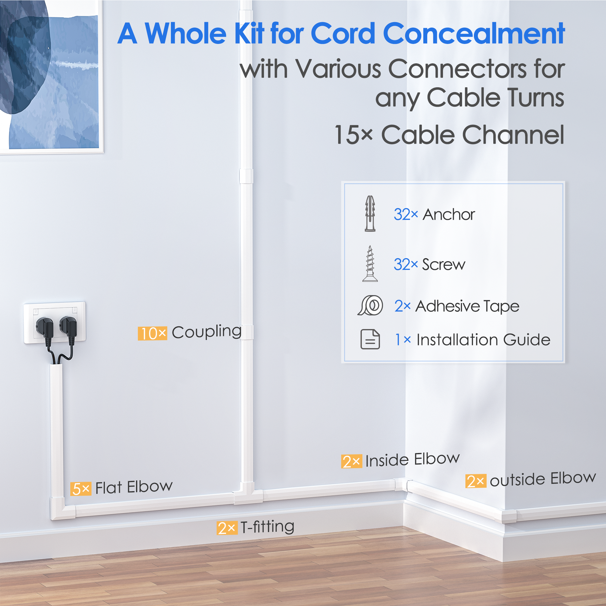 Yecaye TV Cord Hider, 236in Cord Cover, Large Cable Hider, Wire Covers for 4 Cords, Cable Raceway Wire Hider, Wire Hiders for TV on Wall, Cable Cover Cord Concealer, W1.18in H0.6in, White - Image 2