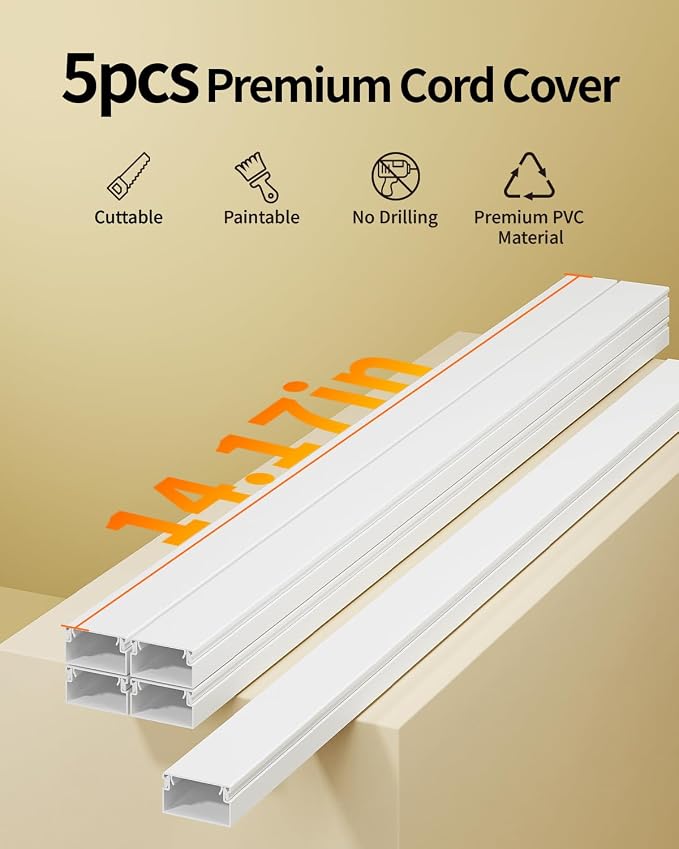 Yecaye 70.8in Cord Hider, Cord Covers for 2-3 Wires on Wall, Medium TV Cable Hider, Self-Adhesive Cable Raceway, Paintable Wire Covers for Cords on Wall, W0.94in H0.55in, White - Image 4