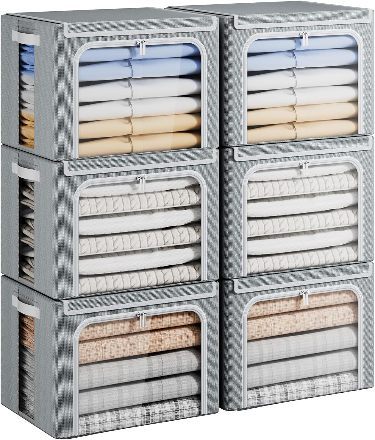 Yecaye 40L Linen Closet Storage Bins, Stackable Clothes Storage with Metal Frame, 6 Pack