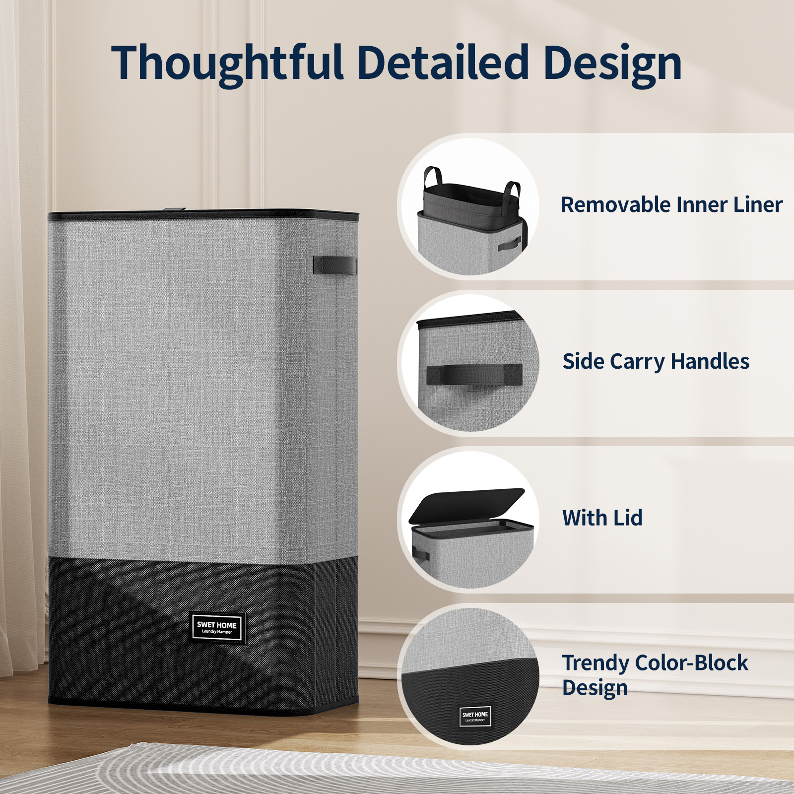 Yecaye 75L Clothes Hamper with Lid, Slim Laundry Basket with Removable Bag, Gray&Black - Image 3