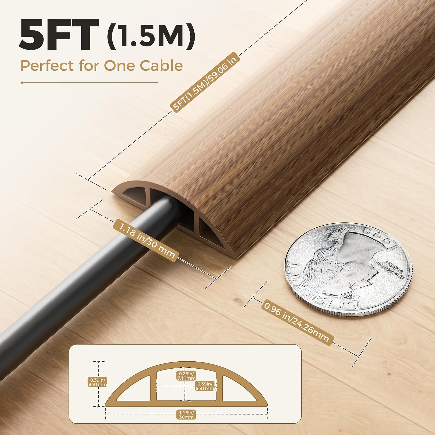 YECAYE 5ft Cord Cover, Wood Grain Cord Covers for Wires on Floor, Self-Adhesive Floor Cable Protector, Anti-Trip Extension Cable Hider, Wires Protector - Image 2
