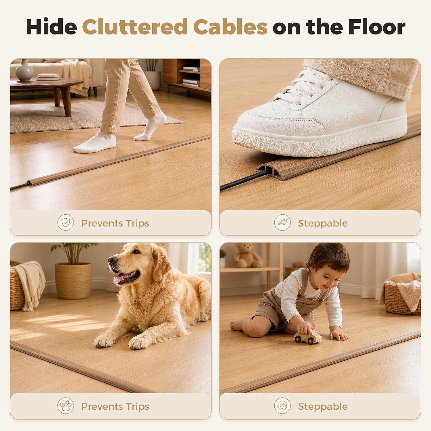 YECAYE 5ft Cord Cover, Wood Grain Cord Covers for Wires on Floor, Self-Adhesive Floor Cable Protector, Anti-Trip Extension Cable Hider, Wires Protector - Image 6