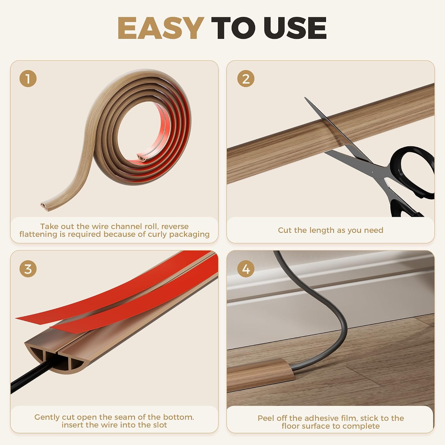 YECAYE 5ft Cord Cover, Wood Grain Cord Covers for Wires on Floor, Self-Adhesive Floor Cable Protector, Anti-Trip Extension Cable Hider, Wires Protector - Image 8