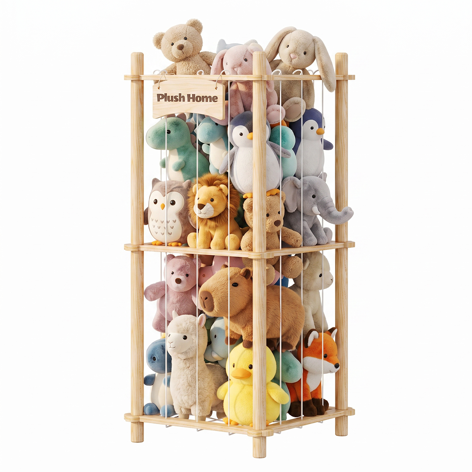 Yecaye Stuffed Animal Storage Zooe, 2 Tier Wooden Stuffed Animal Holder Organizer, Natural Wood