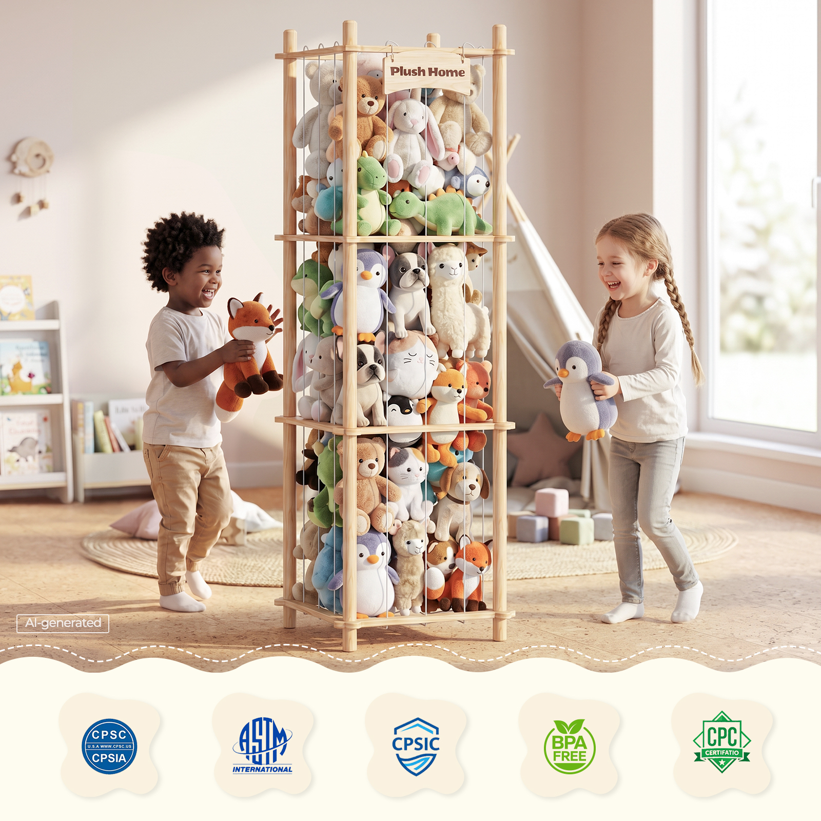Yecaye Stuffed Animal Storage Zoo, 3 Tier Wood Stuffy Toy Storage Organizer, Natural Wood - Image 4