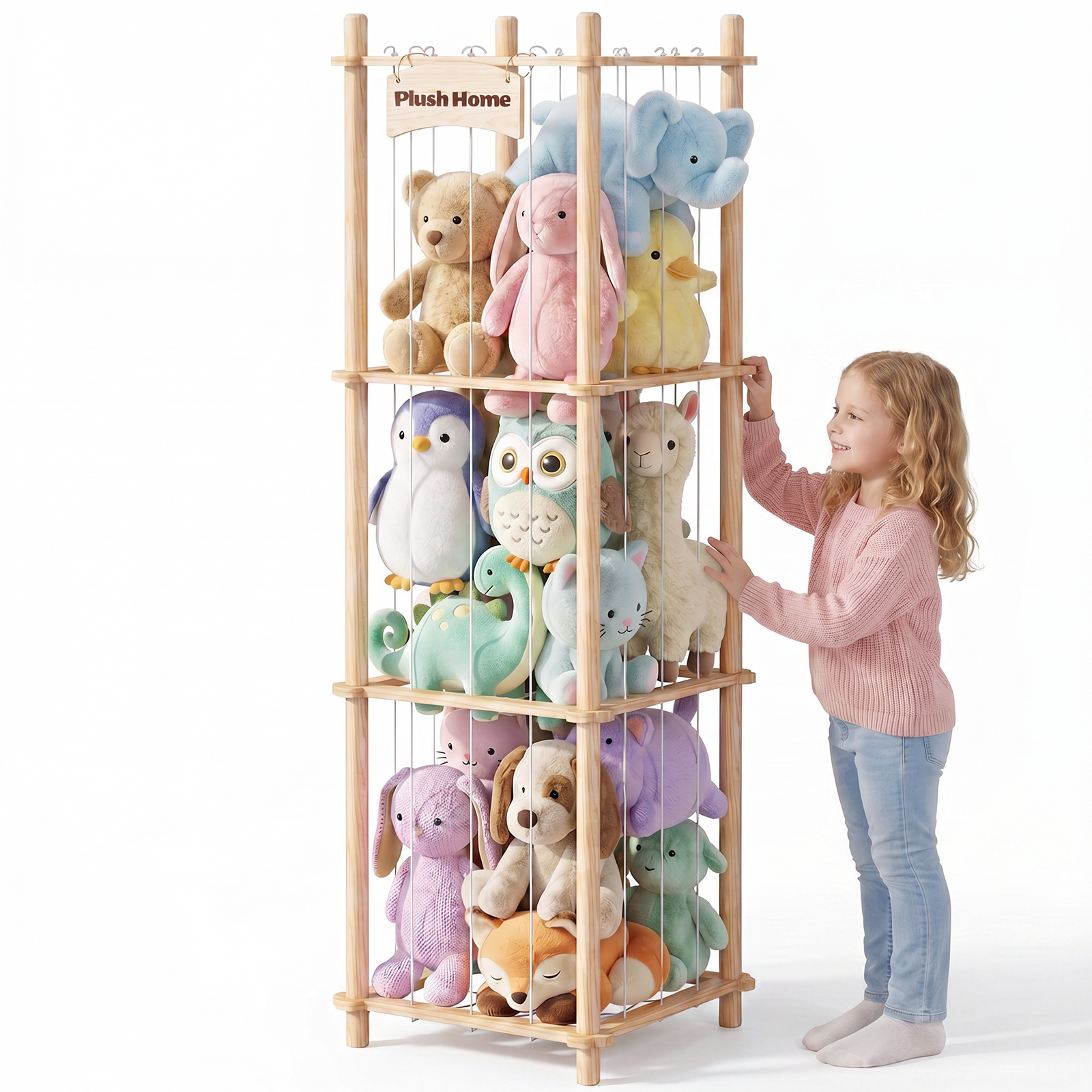 Yecaye Stuffed Animal Storage Zoo, 3 Tier Wood Stuffy Toy Storage Organizer, Natural Wood