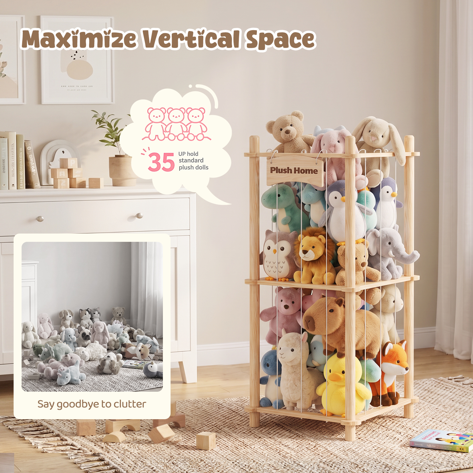 Yecaye Stuffed Animal Storage Zooe, 2 Tier Wooden Stuffed Animal Holder Organizer, Natural Wood - Image 4