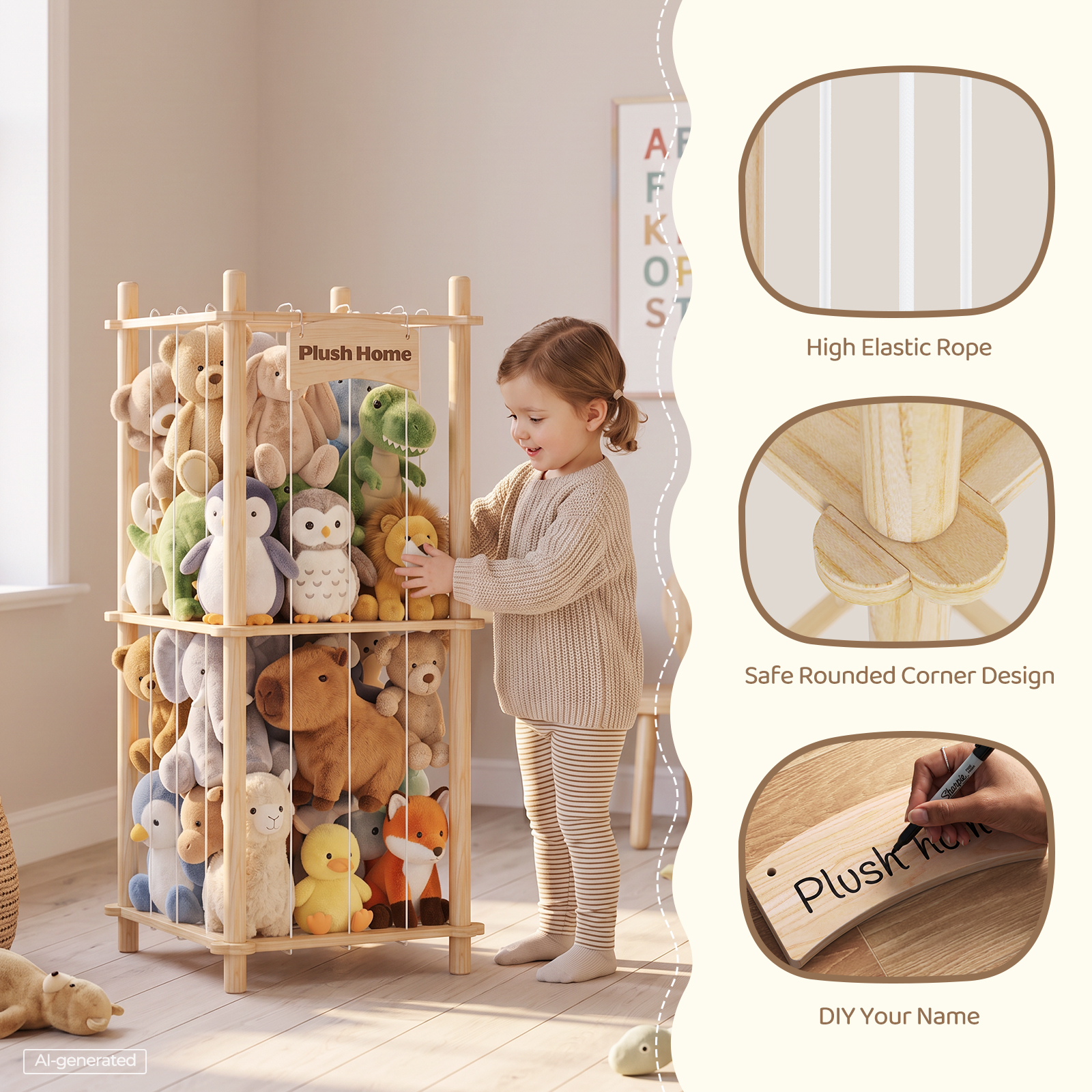 Yecaye Stuffed Animal Storage Zooe, 2 Tier Wooden Stuffed Animal Holder Organizer, Natural Wood - Image 5