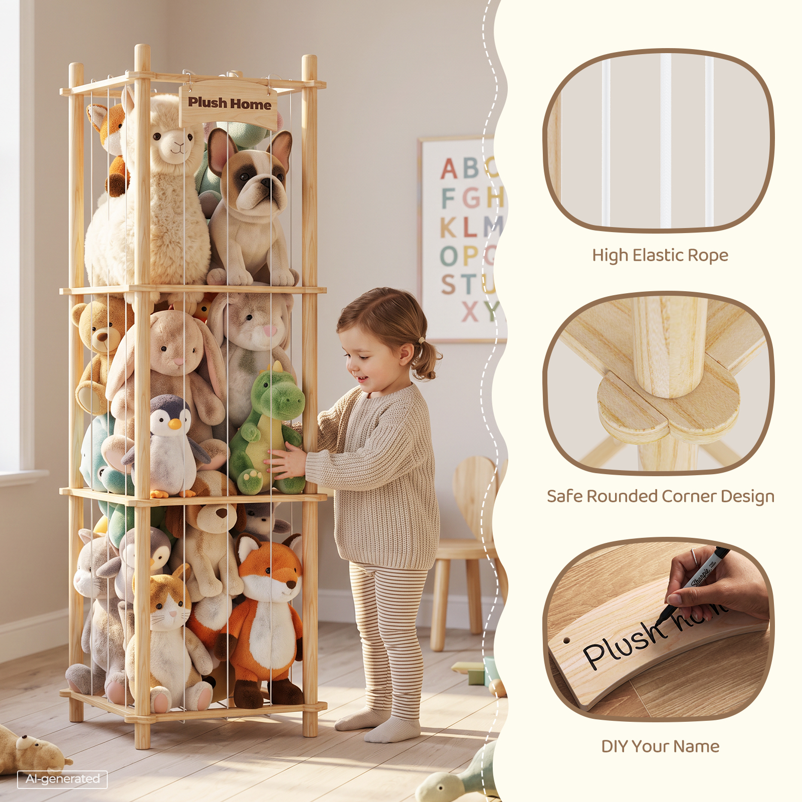 Yecaye Stuffed Animal Storage Zoo, 3 Tier Wood Stuffy Toy Storage Organizer, Natural Wood - Image 3