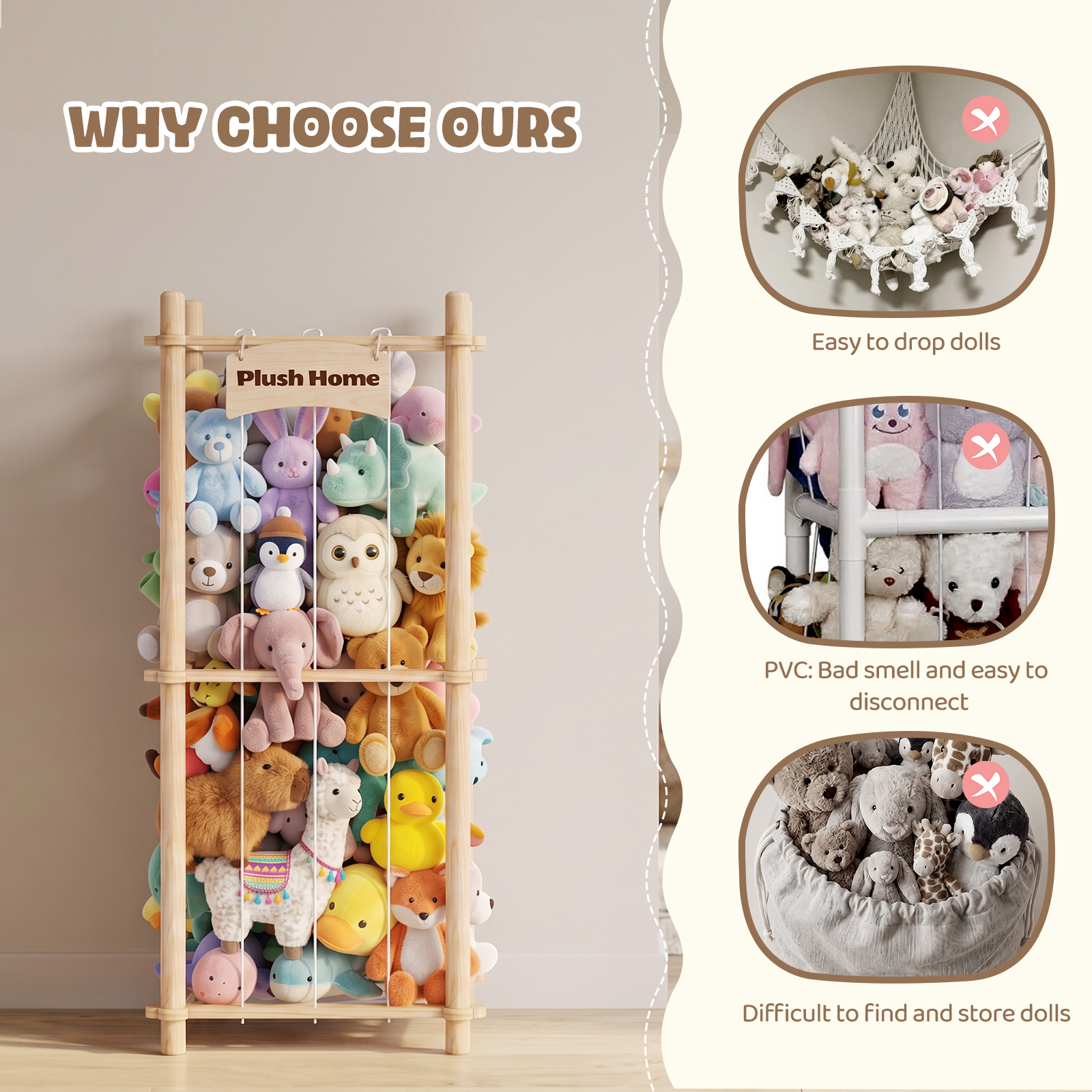 Yecaye Stuffed Animal Storage Zooe, 2 Tier Wooden Stuffed Animal Holder Organizer, Natural Wood - Image 6