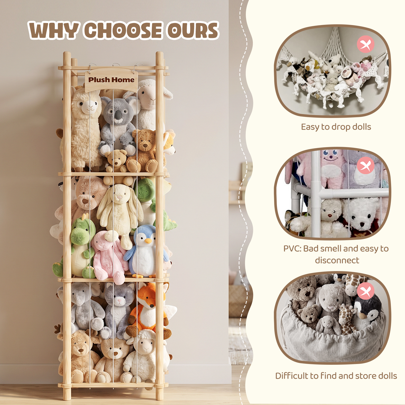 Yecaye Stuffed Animal Storage Zoo, 3 Tier Wood Stuffy Toy Storage Organizer, Natural Wood - Image 5