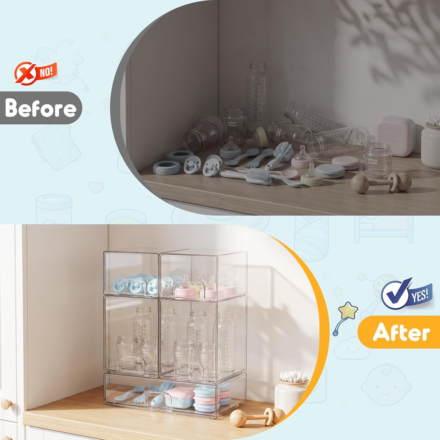 Yecaye Bottle Organizer for Countertop, 5 Pack Stackable Storage Drawers - Image 2
