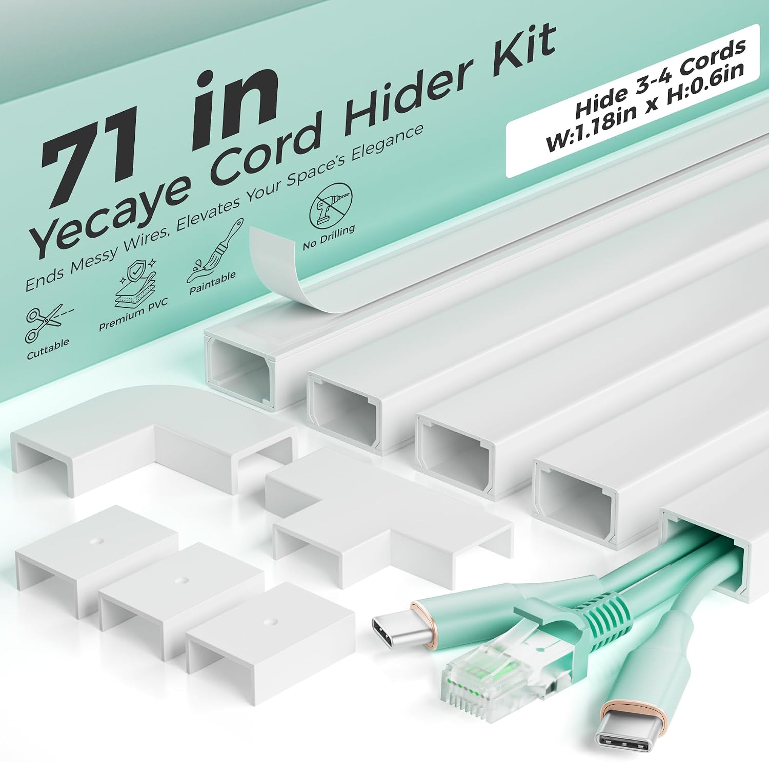 Yecaye 71in Cord Hider, Cord Covers for Wires on Wall, W1.18in H0.6in