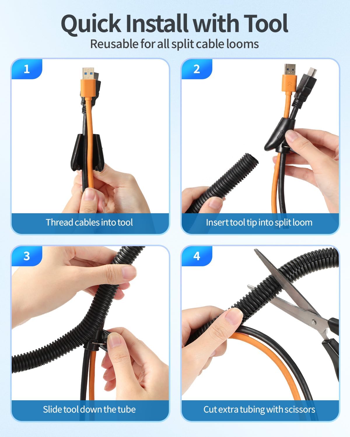 Yecaye 25ft/50ft/100ft - 1/2 inch Wire Loom Tubing with Installation Tool, Black - Image 9