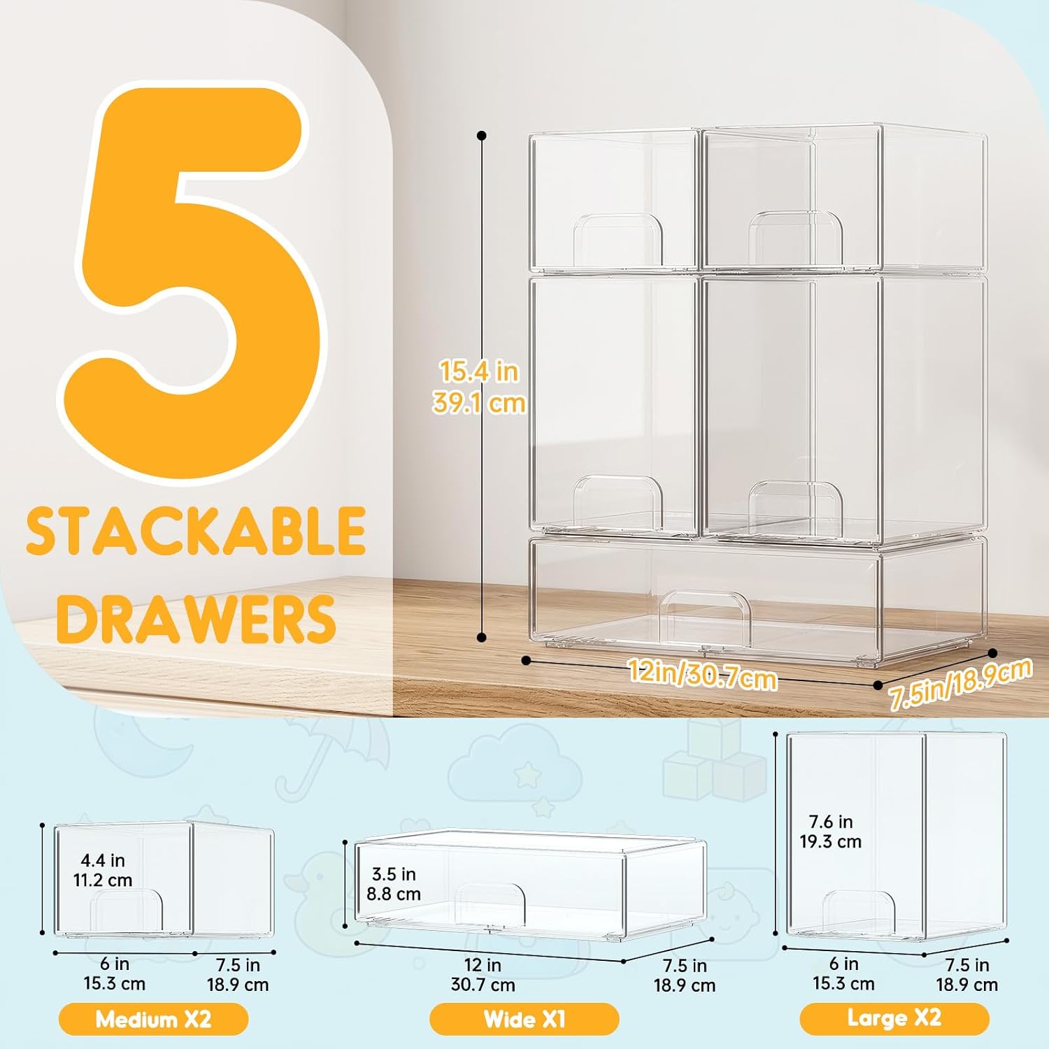 Yecaye Bottle Organizer for Countertop, 5 Pack Stackable Storage Drawers - Image 3