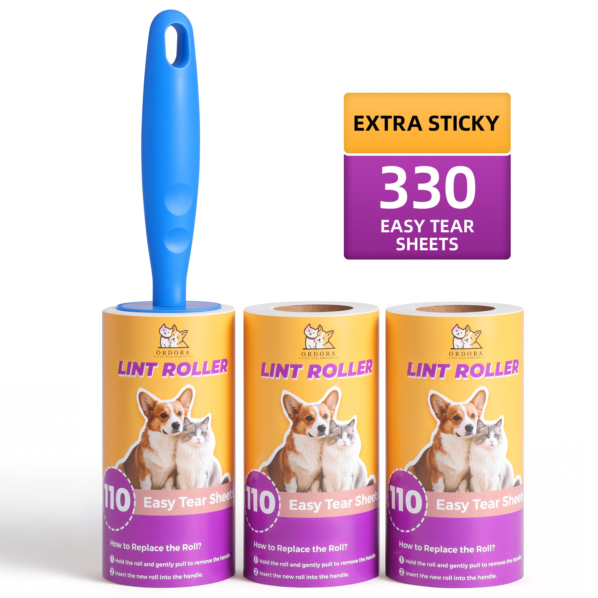 Yecaye 3 Pack Lint Rollers for Pet Hair, 330 Sheets Total