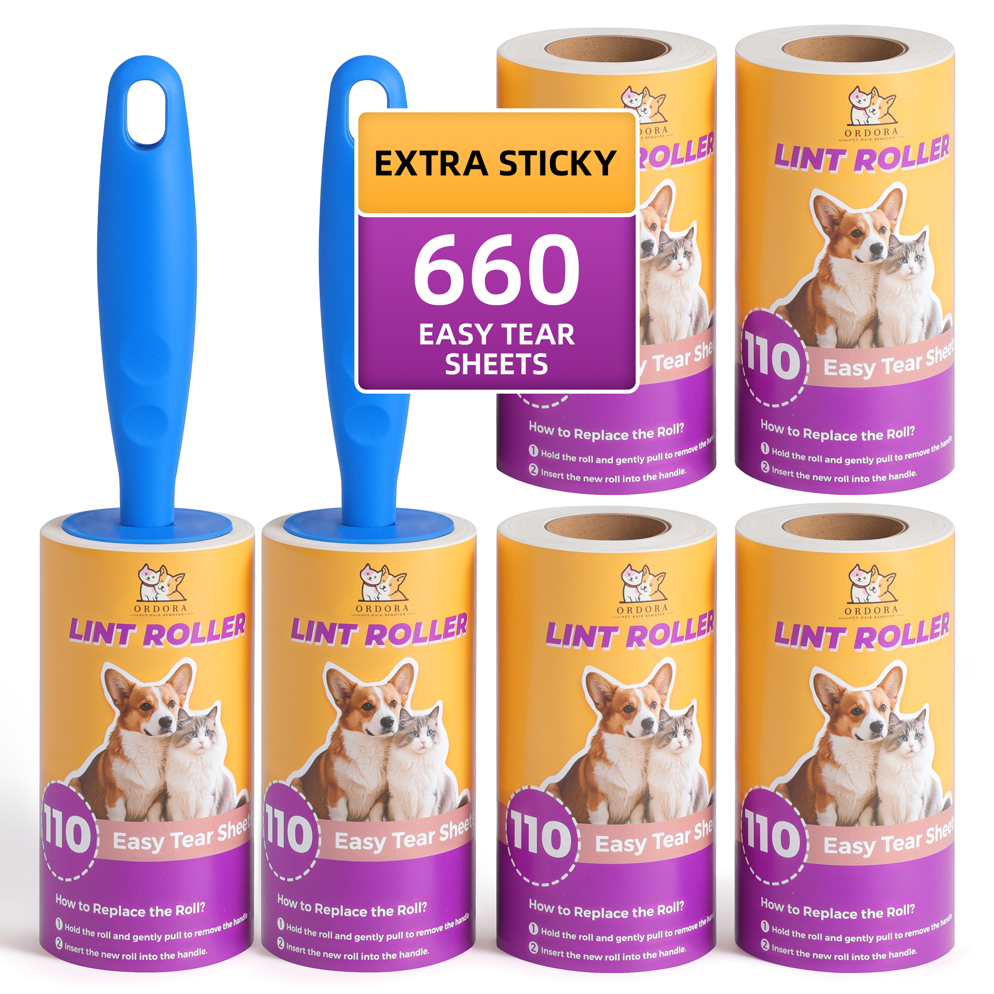 Yecaye 6 Pack Lint Rollers Extra Sticky for Pet Hair, 660 Sheets